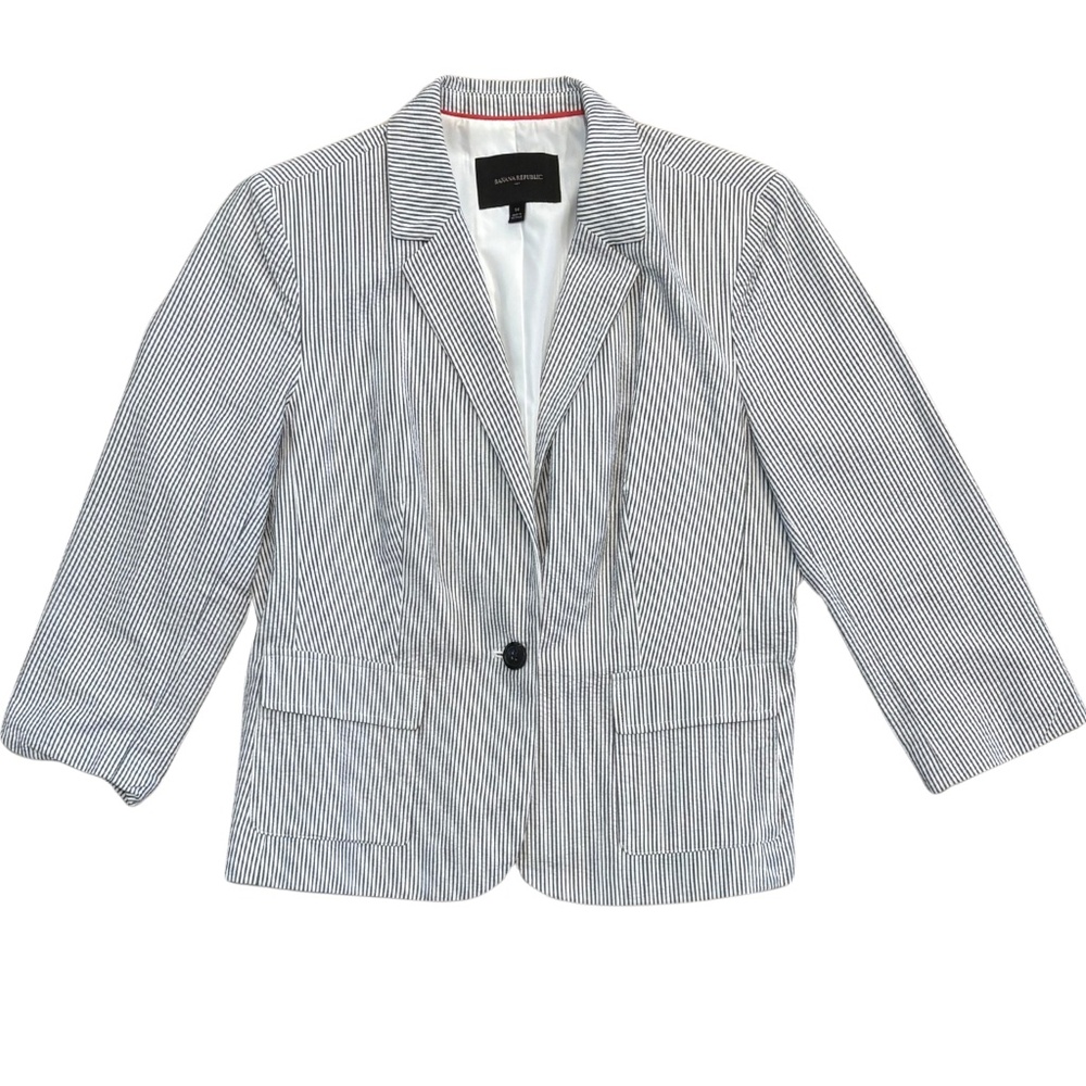 Seersucker Blazer Jacket Women’s Size 14 Gray White Stripe Banana Republic